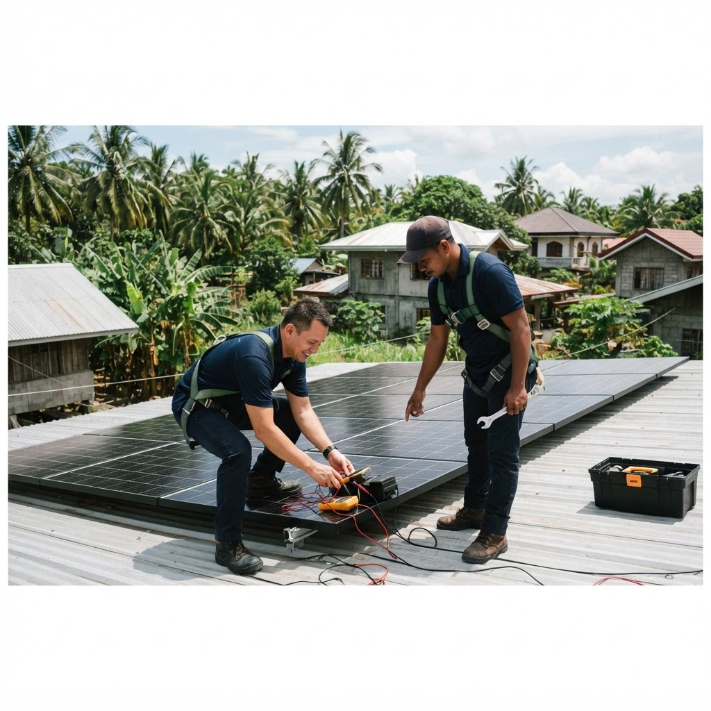 Power Life installers checking solar panels on a home